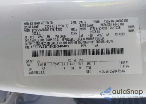 2019 Ford F-250 Lariat z USA, uszkodzony, nr VIN 1FT7W2BT8KEG40401